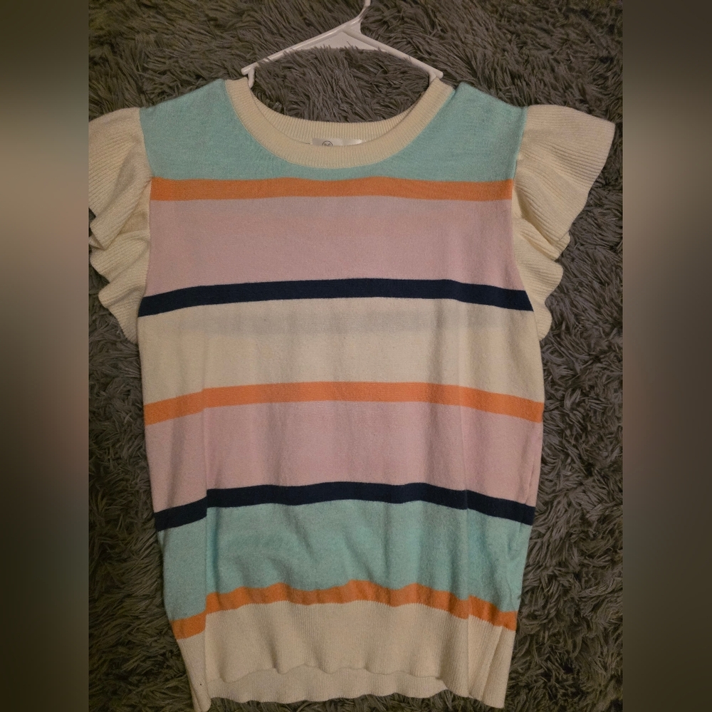 Striped V-Neck Sweater with Ruffle Sleeves
